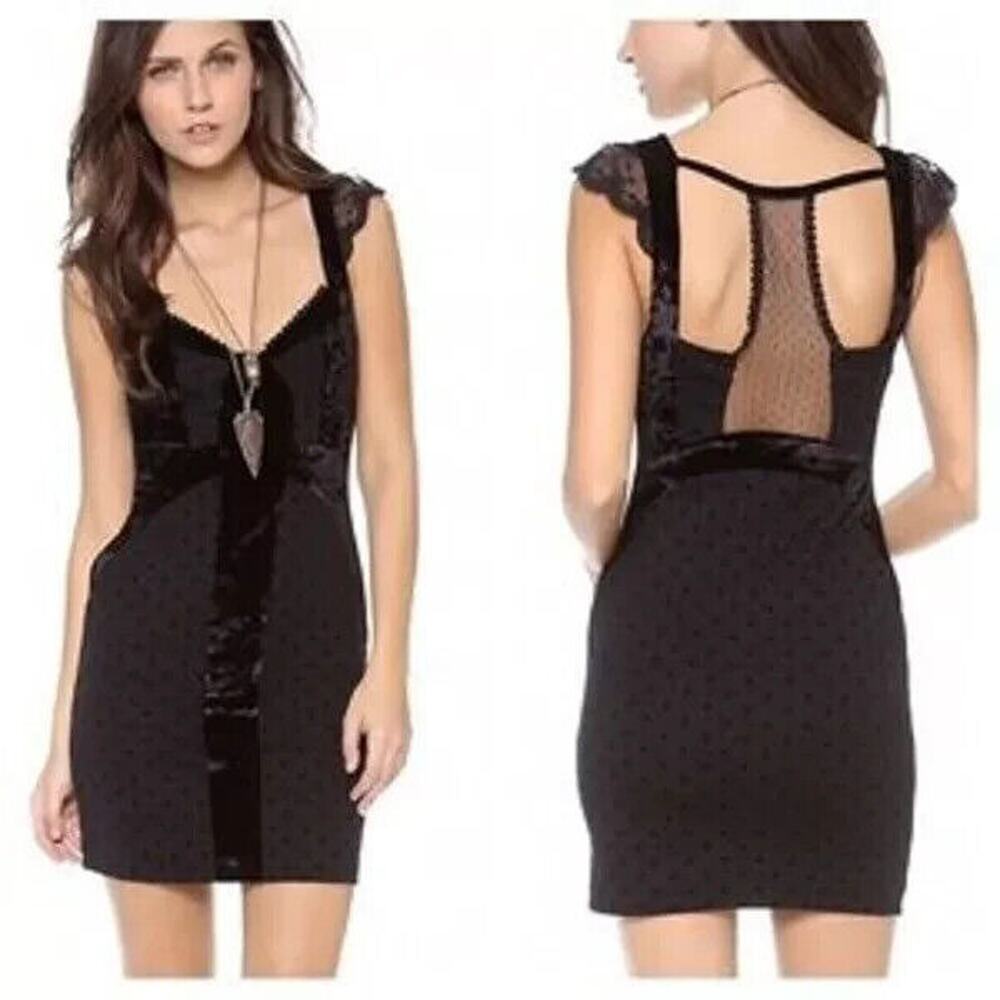 Free People black Polka Dot Velvet Bodycon Sexy Goth Date Night Dress Small - Picture 2 of 8